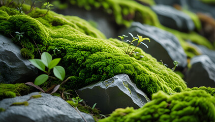 Green moss covering stones in a forest setting