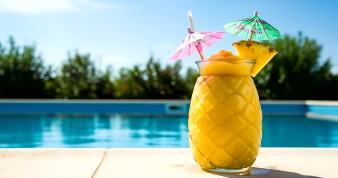 Refreshing tropical drink served in a pineapple by a serene poolside
