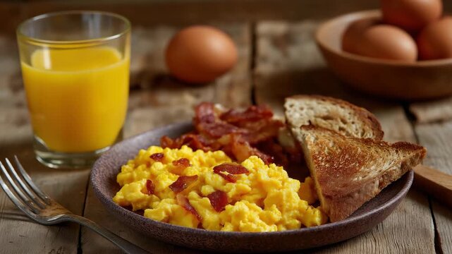 A hearty breakfast plate featuring fluffy scrambled eggs, crispy bacon, toasted bread, and a refreshing glass of orange juice, perfect for starting the day.
