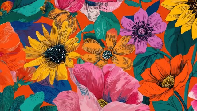 Vibrant floral pattern with bold colors and layered petals on an orange background