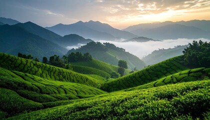 Fototapeta premium Green mountain tea terraces at sunrise