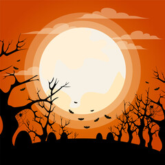 Spooky Halloween Night Background with Full Moon and Flying Bats