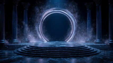 rotating neon rings and luminous particles forming a portal in center - Powered by Adobe