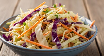 Freshly made coleslaw salad served in blue bowl on wooden background