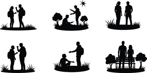 Outdoor silhouettes, human interaction illustration, friendship artwork, social communication