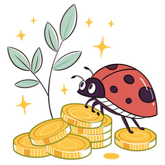 Vector art of a delightful illustration features a ladybug climbing a stack of coins near a leafy plant, creating a scene of nature and prosperity with soft colors and playful details