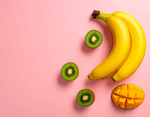 Minimal flat lay bananas, kiwi and mango on pastel pink background for modern organic food style