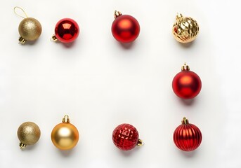 A collection of red and gold Christmas ornaments, some shiny and some textured, arranged on a clean white background, creating a festive border.