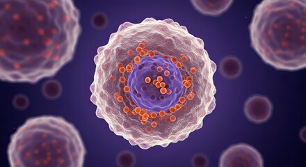 Detailed macrophage cell engulfed by smaller molecules for medical research and educational purposes on a microscopic level, illustrating immunology concepts vividly