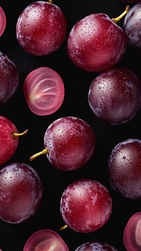 Fresh grapes and grape halves rotating on a black background