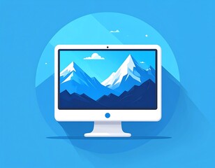 Modern Desktop Computer with Mountain Landscape Wallpaper in Vector Style