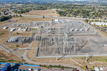 Aerial drone picture of large electric power substation and high voltage power lines in Hillsboro...