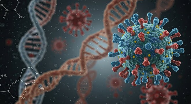 Intriguing visualization of virus cells and DNA strands, ideal for medical research, science education, or health awareness campaigns, illustrating complexity - Powered by Adobe