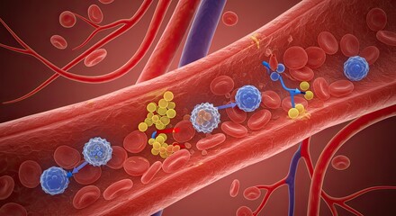 Explore the inner workings of the circulatory system with this stunning visual of red blood cells, platelets, and white blood cells traveling through veins and arteries
