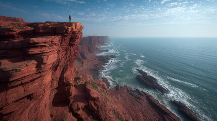 Stunning cliffside view of a traveler overlooking the ocean at sunrise in a remote landscape