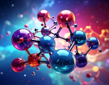 Molecular structures, connected spheres, vivid colors, and abstract science