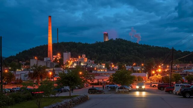 Small industrial town dusk with manufacturing plant smokestack and glowing factory lights suggesting decline and quiet evening