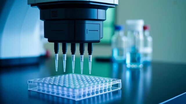 Automated pipette laboratory microplate research science biotechnology precision sterile blue clinical calm mood enhances focus, automated liquid
