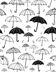 Fototapeta premium Monochrome pattern of various opened umbrellas with raindrops