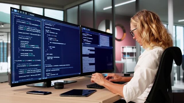 Young Female Coder Writing Code On Computer Screen
