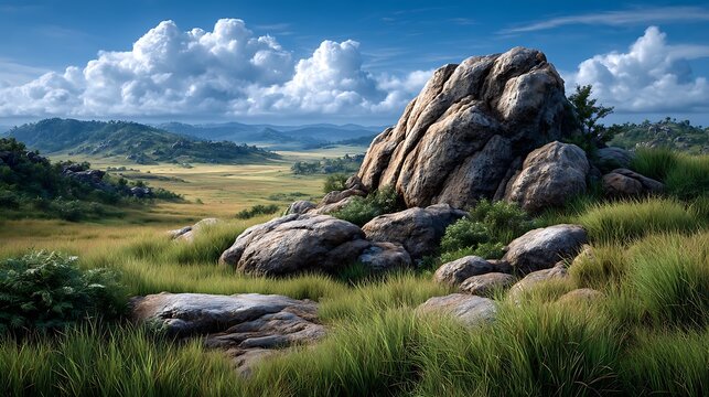 Vast grassland with boulders scattered across rolling plains, distant thunderclouds on the horizon,