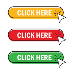 Click here for a vector web button, a Web button with the action of a pointer. Click here, UI button concept. Vector illustration