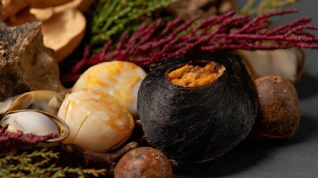 An artistic arrangement of natural elements including shells and rustic wood features, creating a unique decor piece that embodies harmony with nature.