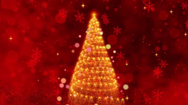 A Magical Holiday Animation Featuring a Glittering Christmas Tree Surrounded by Festive Snowflakes and Sparkling Elements on a Rich Red Background. seamless loop