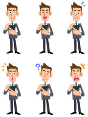 スマートフォンを操作するビジネスマン　6種類の表情　全身
