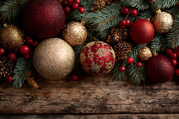 Christmas and New Year background with a festive scene with gold and red Christmas ornaments and fir tree branches on a wooden background, symbolizing holiday spirit and elegance.