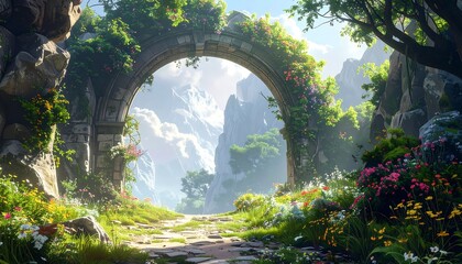 Enchanted Ancient Stone Archway Overgrown with Lush Greenery, Leading to Misty Mountain Vista.