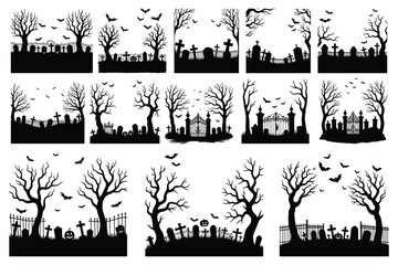 Obraz premium Halloween cemetery silhouettes with bare trees and bats