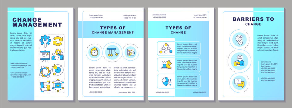 Change management blue brochure layout. Types of changes and barriers. Innovation strategy. Leaflet advertising design with color line icons. Editable 4 pages. Arial, Myriad Pro-Regular fonts used