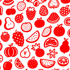 Bold Red Fruit Icons for Modern Wallpaper,
Playful Seamless Fruit Design Illustration,
Organic Food Vector Pattern in Red