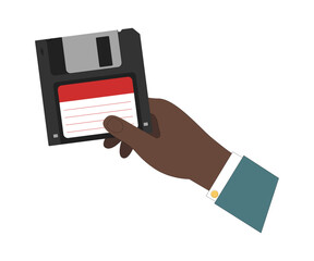 Floppy disk in man hand,  Magnetic diskette. Digital data device. Flat style. White background.eps