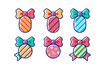 Six colorful christmas ornaments with bows