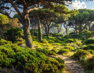 Lush green forest with a path winding through trees and bushes in daylight