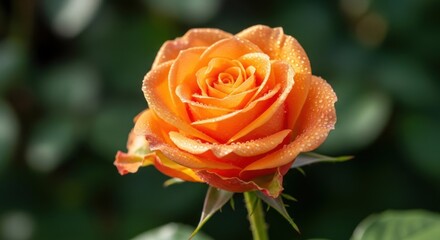 Fototapeta premium Captivating orange rose glistens with morning dew against a vibrant background