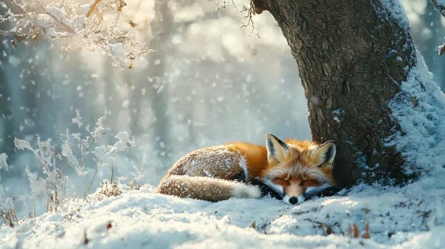 Peaceful Red Fox Sleeping in Snowy Winter Landscape Under Tree, Captivating Animal Serenity and Nature Scene 4k video footage