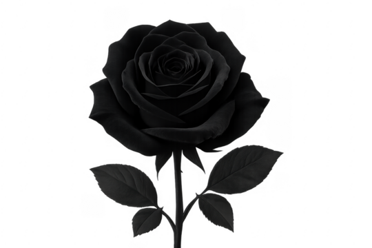 Black rose head and stem on transparent background