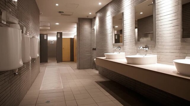 Modern public restroom featuring urinals sinks with mirrors and cubicles Walls are tiled in a neutral color