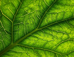 Macro shot of a vibrant green leaf showing intricate vein details and textures