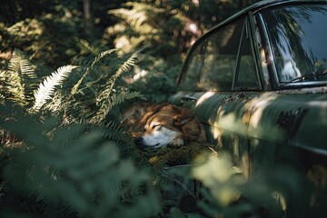 Dog resting near an old car in a lush forest