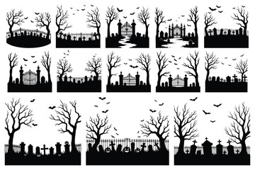 Obraz premium Halloween graveyard scenes with bare trees and bats