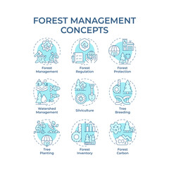 Forest management soft blue concept icons. Tree breeding, planting. Ecosystem health, emissions. Icon pack. Vector images. Round shape illustrations for brochure, booklet. Abstract idea