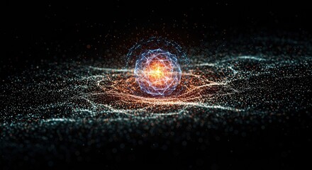 Dynamic glowing sphere surrounded by sparkling particles on a dark background, perfect for visualizing digital transformation or cutting edge technology solutions