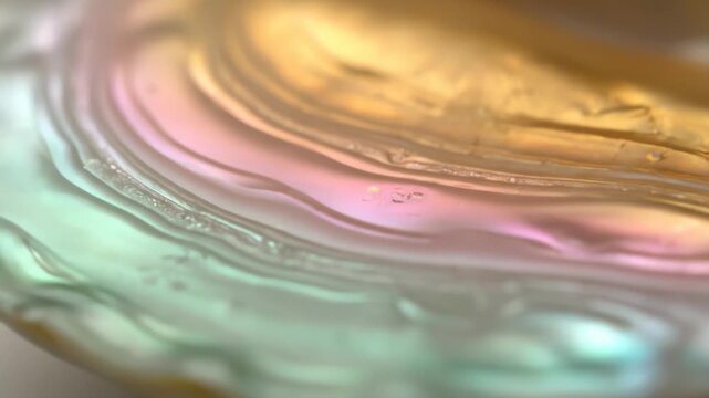 Abstract shimmering pearl surface featuring glowing gold, green, and pink