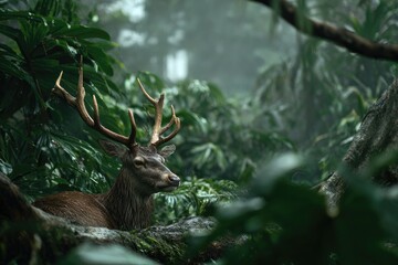 Deer in a lush, misty forest