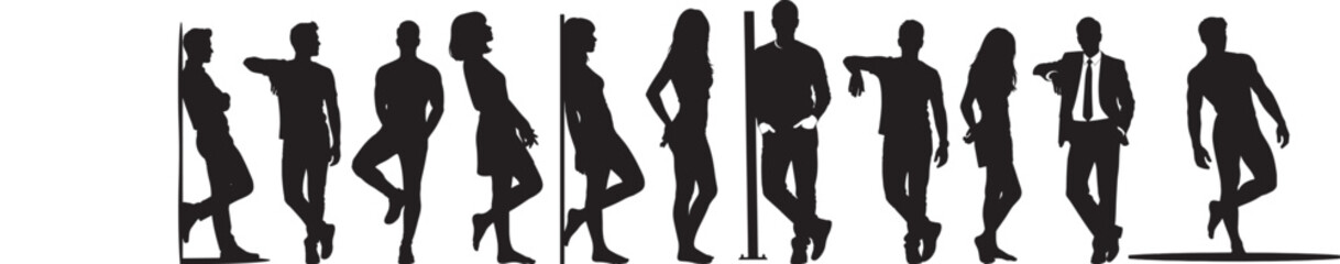 Stylish Man and Woman Standing Poses Silhouette Vector Illustration.