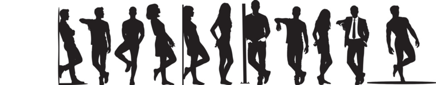 Stylish Man and Woman Standing Poses Silhouette Vector Illustration.